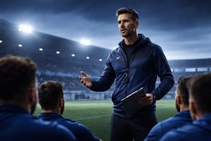 Confident Football Coach Leading Team at Stadium Dusk-1