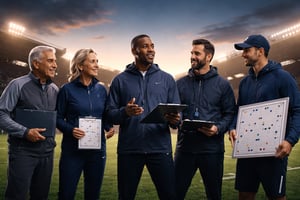 Wide hero banner of diverse football coaches in training gear standing together on the sidelines of a professional football pitch at sunset engaged in-1
