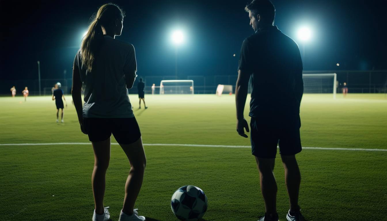 male and female soccer coaches at night