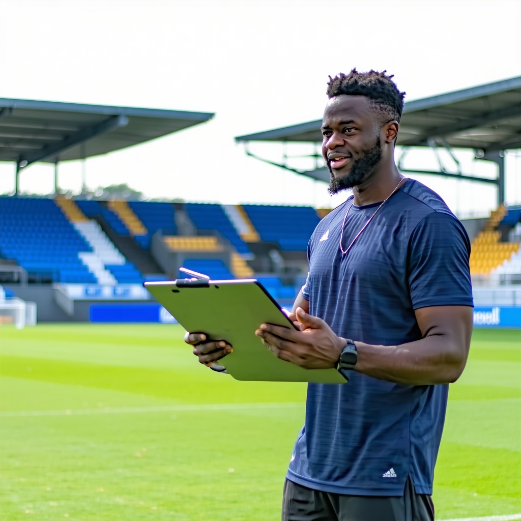 professional soccer coach on field giving a technical presentation using a board-1